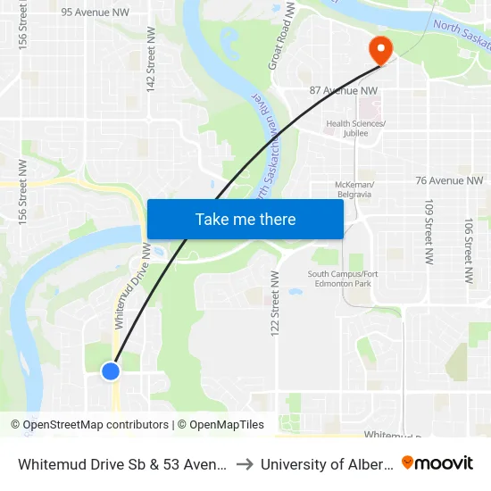 Whitemud Drive Sb & 53 Avenue to University of Alberta map