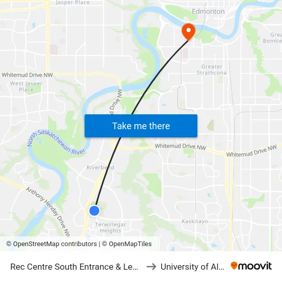 Rec Centre South Entrance & Leger Road to University of Alberta map