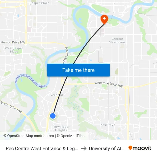 Rec Centre West Entrance & Leger Road to University of Alberta map