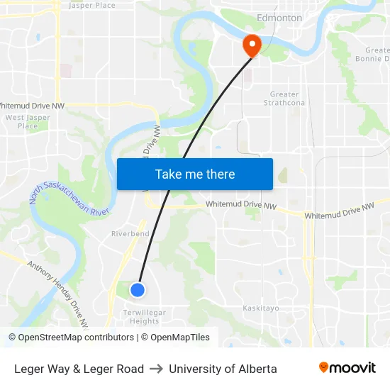 Leger Way & Leger Road to University of Alberta map