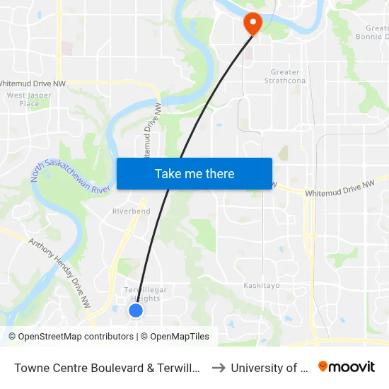 Towne Centre Boulevard & Terwillegar Common to University of Alberta map