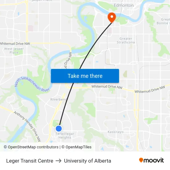Leger Transit Centre to University of Alberta map