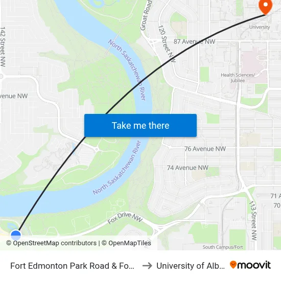 Fort Edmonton Park Road & Fox Drive to University of Alberta map