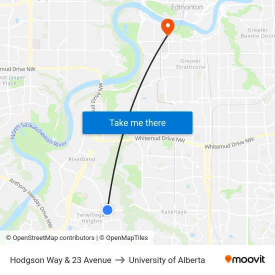 Hodgson Way & 23 Avenue to University of Alberta map