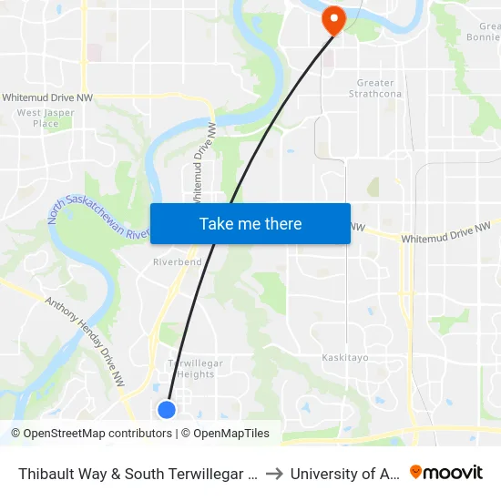 Thibault Way & South Terwillegar Boulevard to University of Alberta map