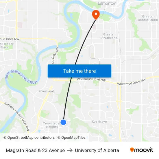 Magrath Road & 23 Avenue to University of Alberta map