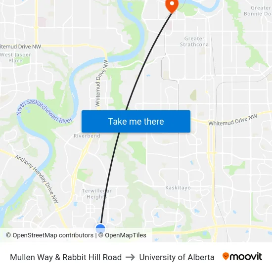 Mullen Way & Rabbit Hill Road to University of Alberta map