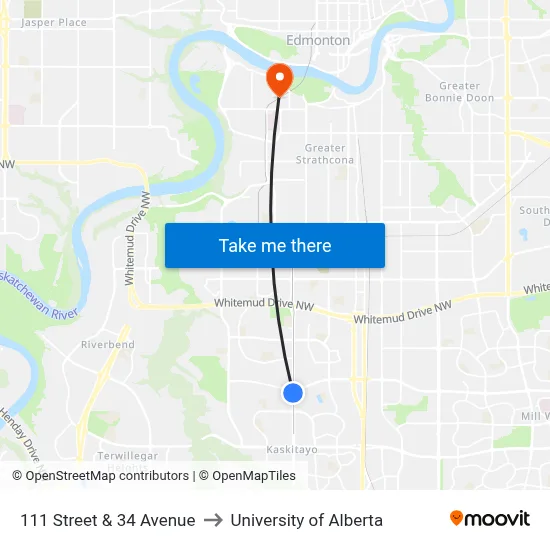 111 Street & 34 Avenue to University of Alberta map