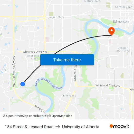 184 Street & Lessard Road to University of Alberta map