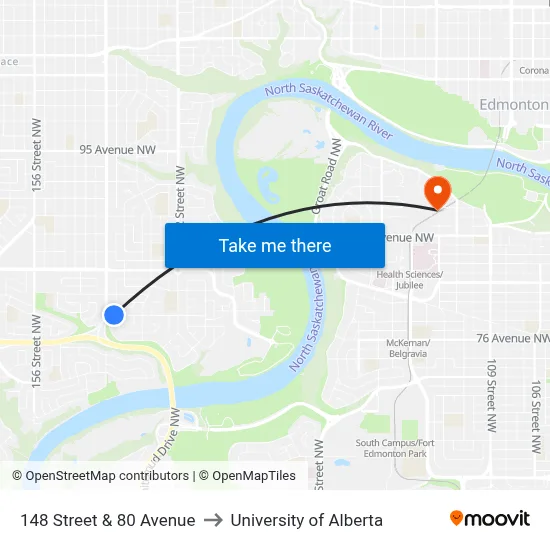 148 Street & 80 Avenue to University of Alberta map