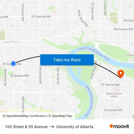 160 Street & 95 Avenue to University of Alberta map