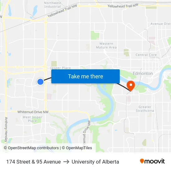 174 Street & 95 Avenue to University of Alberta map