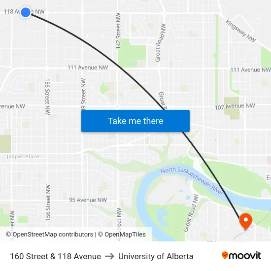 160 Street & 118 Avenue to University of Alberta map