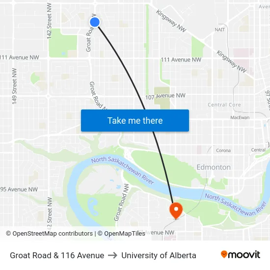 Groat Road & 116 Avenue to University of Alberta map