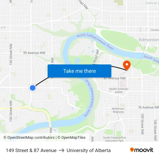 149 Street & 87 Avenue to University of Alberta map