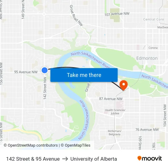 142 Street & 95 Avenue to University of Alberta map