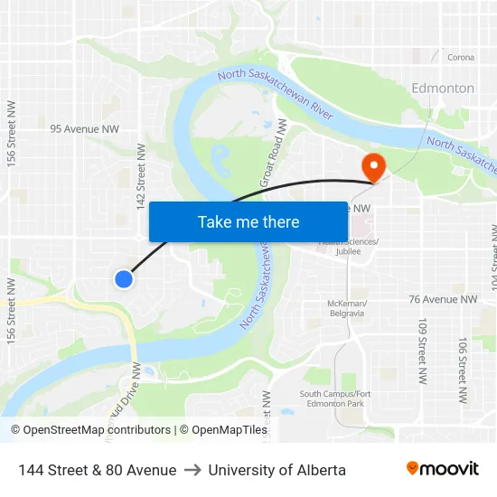 144 Street & 80 Avenue to University of Alberta map
