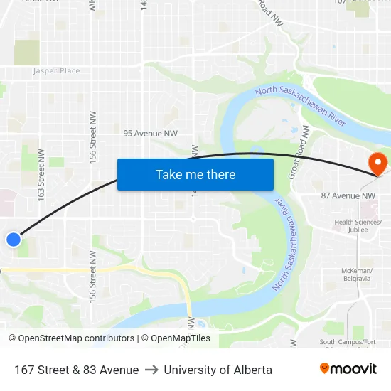 167 Street & 83 Avenue to University of Alberta map