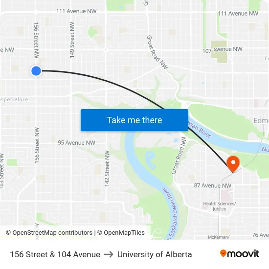 156 Street & 104 Avenue to University of Alberta map