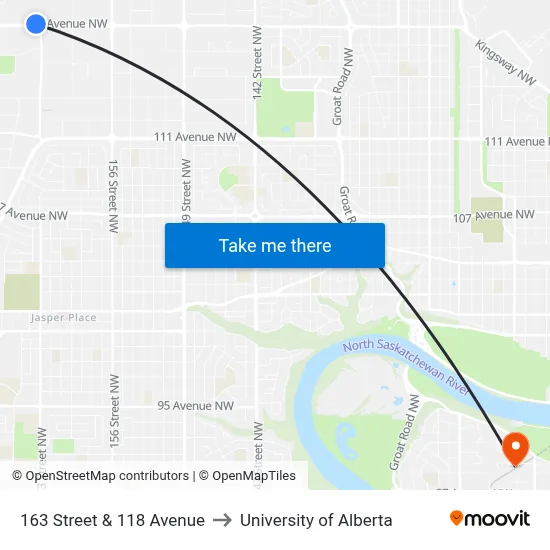 163 Street & 118 Avenue to University of Alberta map