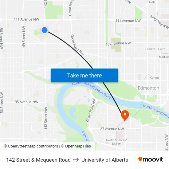 142 Street & Mcqueen Road to University of Alberta map
