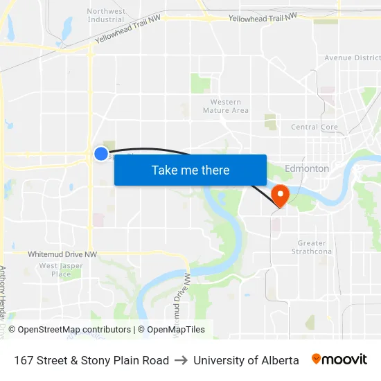 167 Street & Stony Plain Road to University of Alberta map