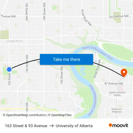 163 Street & 93 Avenue to University of Alberta map