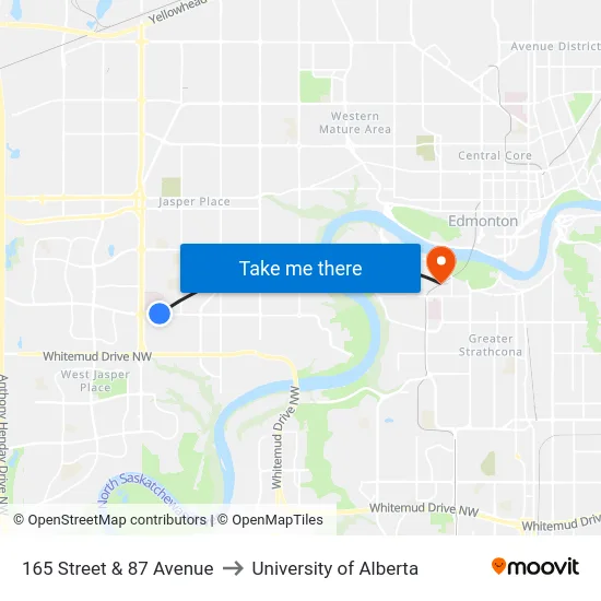 165 Street & 87 Avenue to University of Alberta map