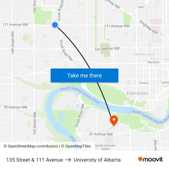 135 Street & 111 Avenue to University of Alberta map