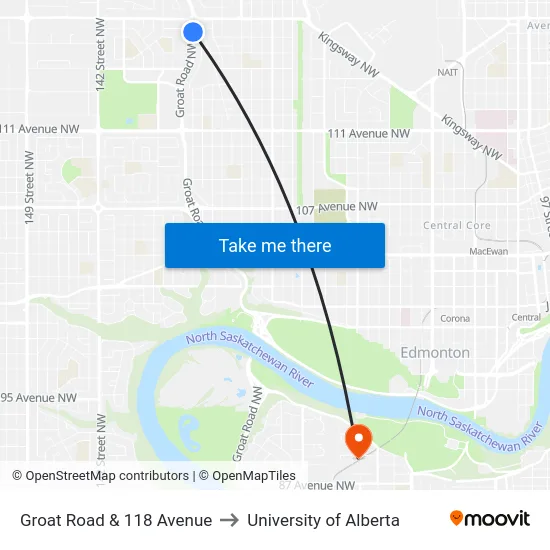 Groat Road & 118 Avenue to University of Alberta map
