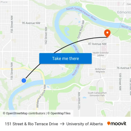 151 Street & Rio Terrace Drive to University of Alberta map