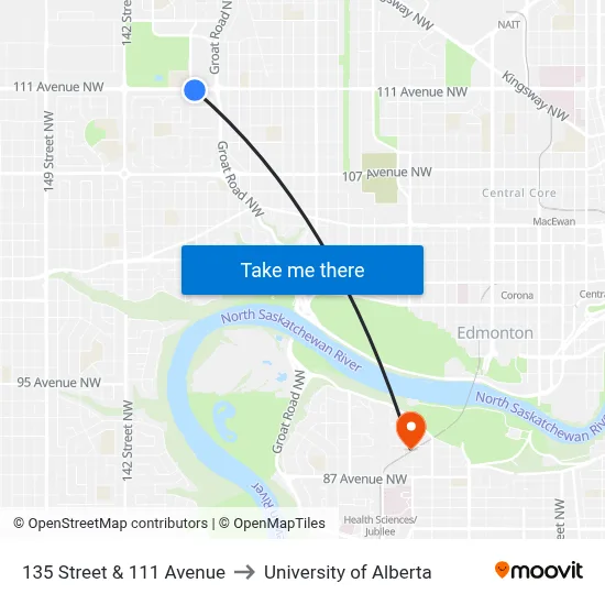 135 Street & 111 Avenue to University of Alberta map