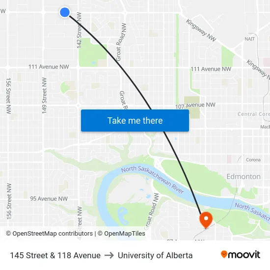 145 Street & 118 Avenue to University of Alberta map