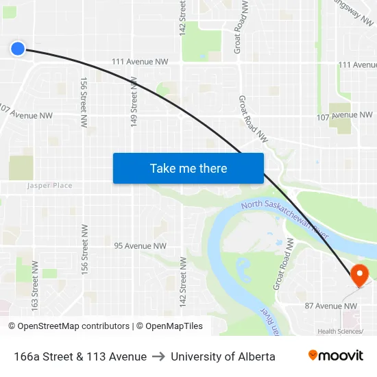 166a Street & 113 Avenue to University of Alberta map