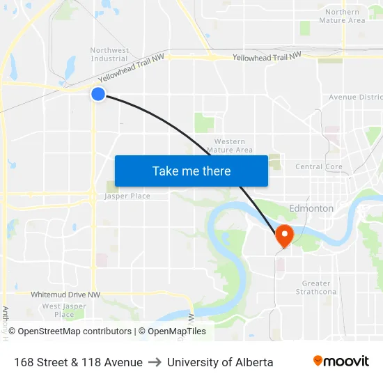 168 Street & 118 Avenue to University of Alberta map
