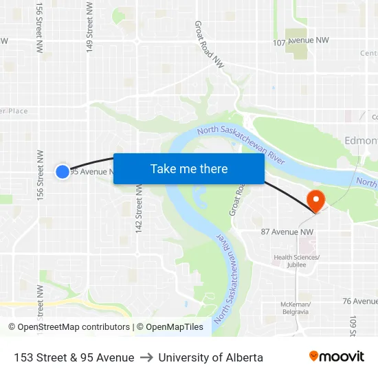 153 Street & 95 Avenue to University of Alberta map