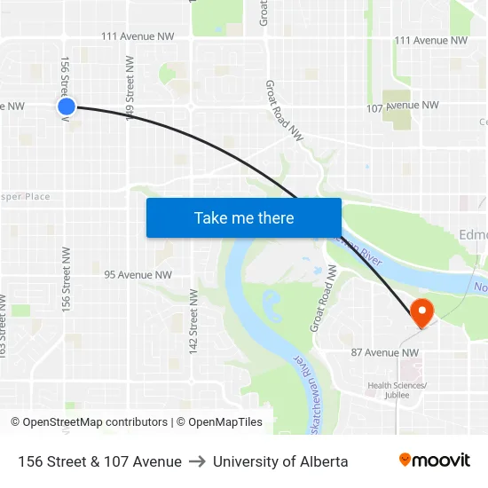 156 Street & 107 Avenue to University of Alberta map