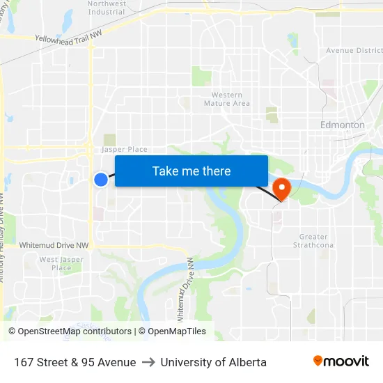 167 Street & 95 Avenue to University of Alberta map