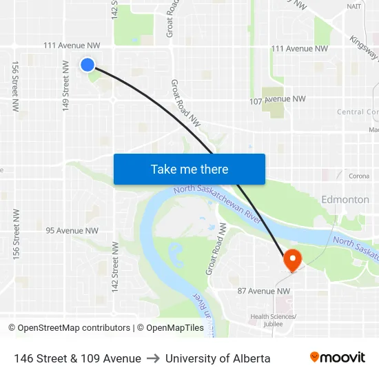 146 Street & 109 Avenue to University of Alberta map