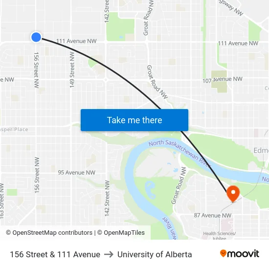 156 Street & 111 Avenue to University of Alberta map