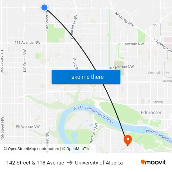 142 Street & 118 Avenue to University of Alberta map