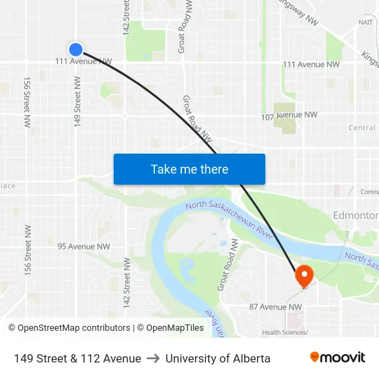 149 Street & 112 Avenue to University of Alberta map