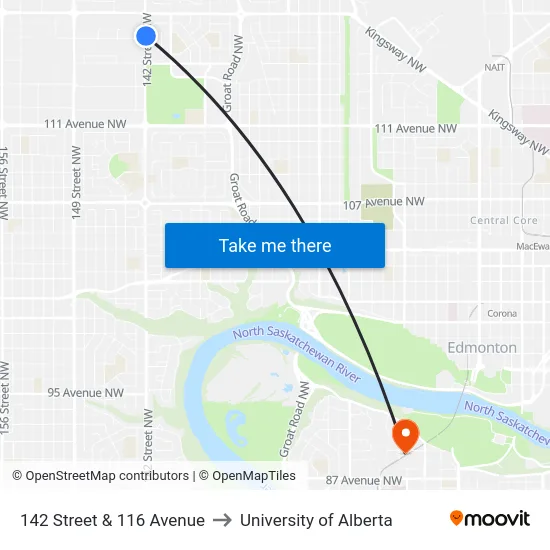 142 Street & 116 Avenue to University of Alberta map