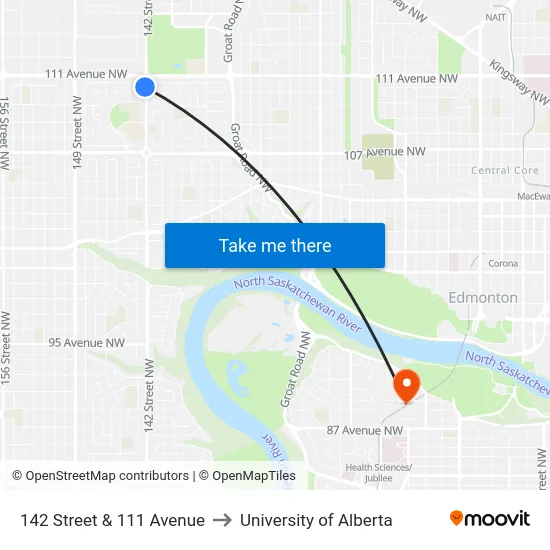 142 Street & 111 Avenue to University of Alberta map