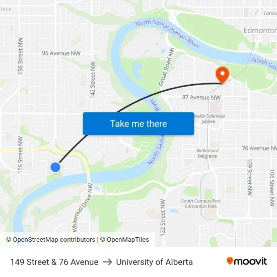 149 Street & 76 Avenue to University of Alberta map