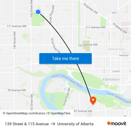 139 Street & 115 Avenue to University of Alberta map