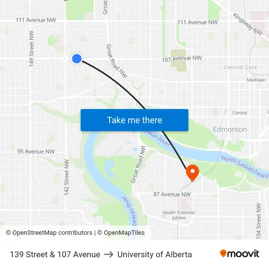 139 Street & 107 Avenue to University of Alberta map