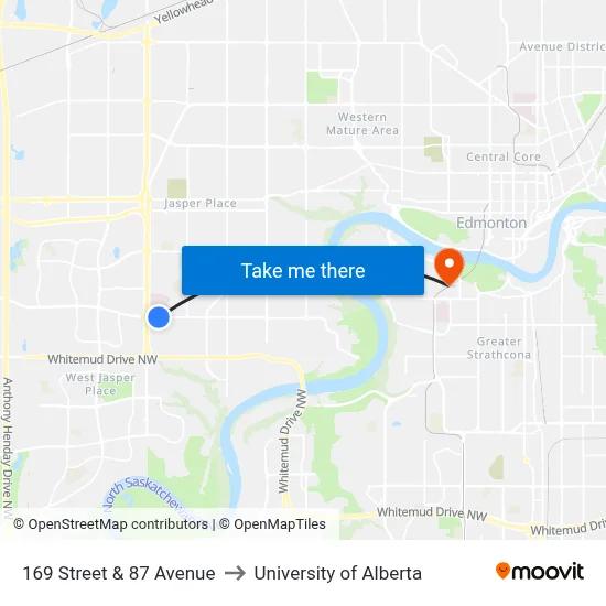 169 Street & 87 Avenue to University of Alberta map