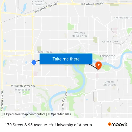 170 Street & 95 Avenue to University of Alberta map