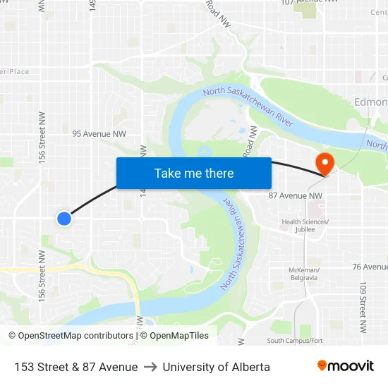 153 Street & 87 Avenue to University of Alberta map